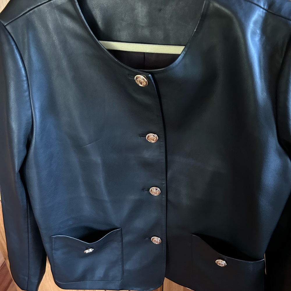 Chico's Elegant Black Leather Jacket with Gold Accents